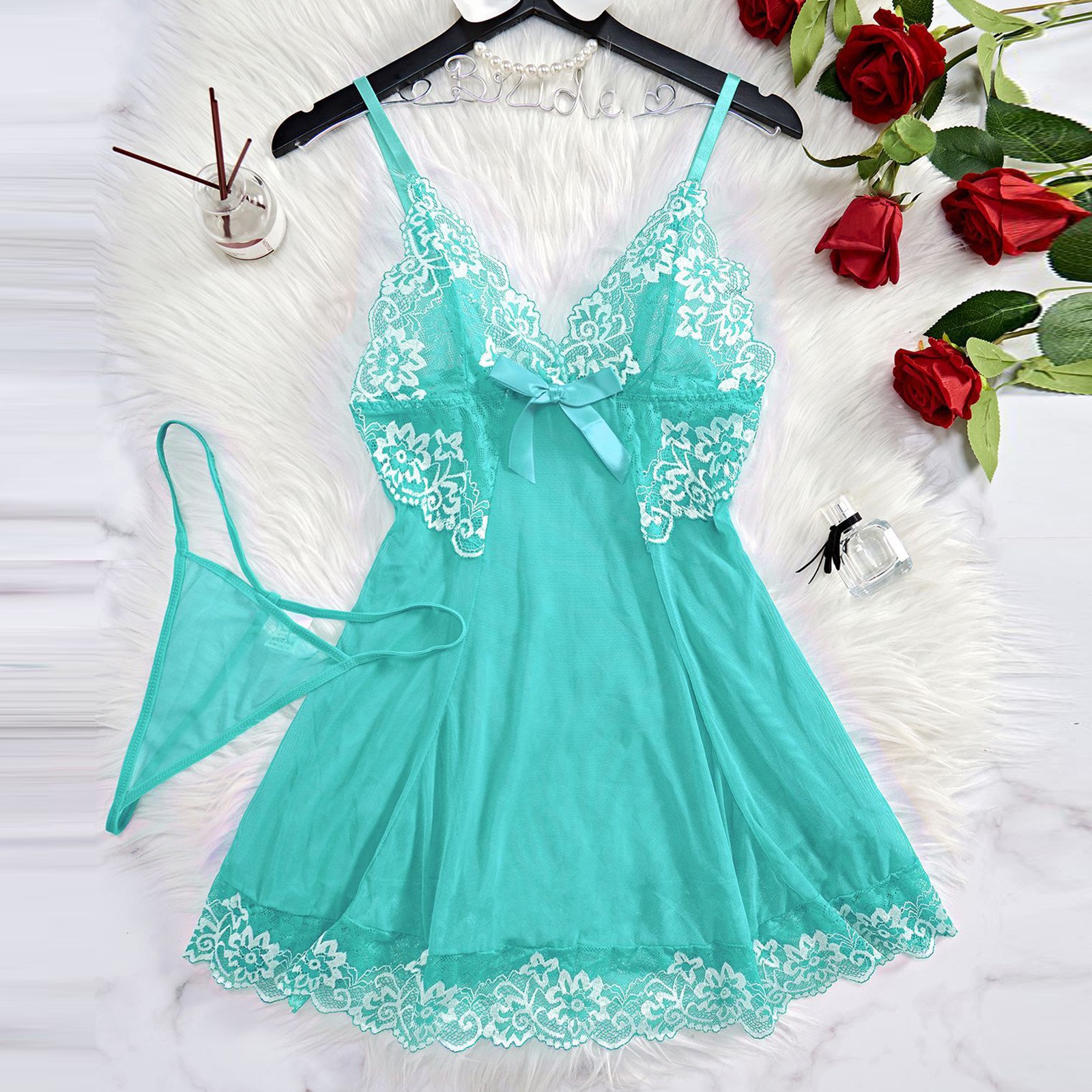 thumbnail image 3 of Body sexy de encaje para mujer con liguero - Conjunto de camisón de malla transparente, lencería de poliéster y spandex para ocasiones especiales, 3 of 5